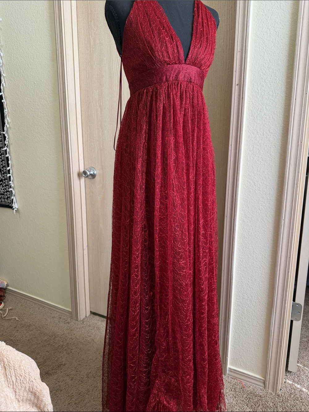 Luxxel Deep Red Lace Halter Maxi Gown